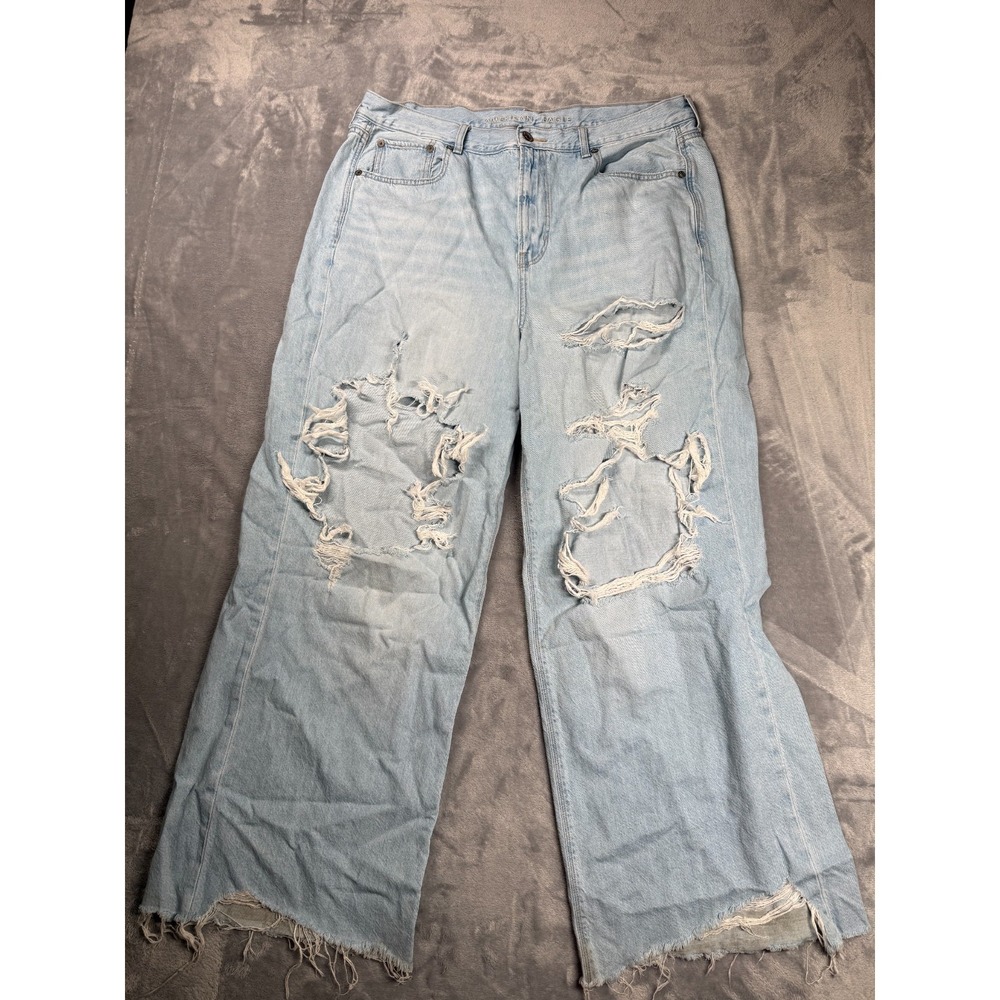 American Eagle Skater Jeans Womens 16 Blue Distressed Raw Hem High Rise Relaxed